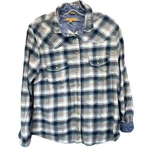 Jachs Girlfriend Shirt Womens Large Bea Flannel Contrast Cuff Plaid Pearl Snap